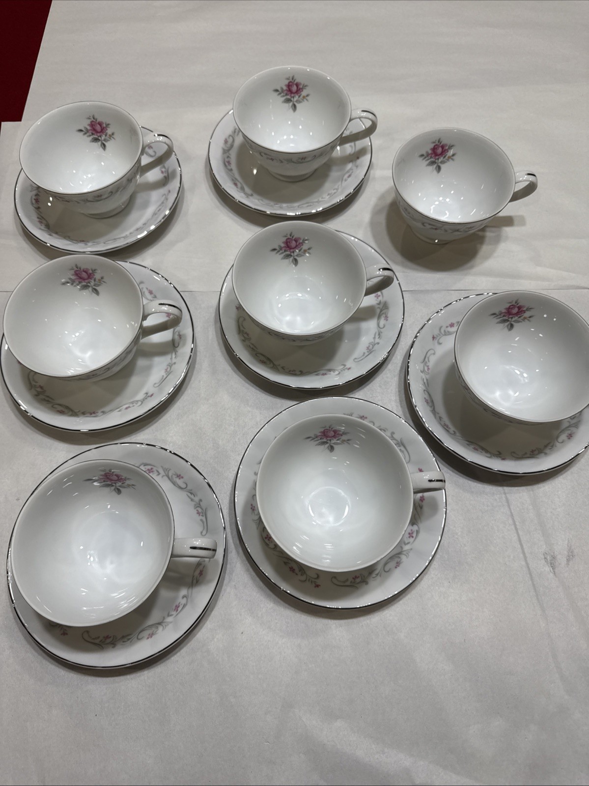 ROYAL SWIRL Pink Rose Fine China of Japan (8) Footed TEA CUP & (7)SAUCERS