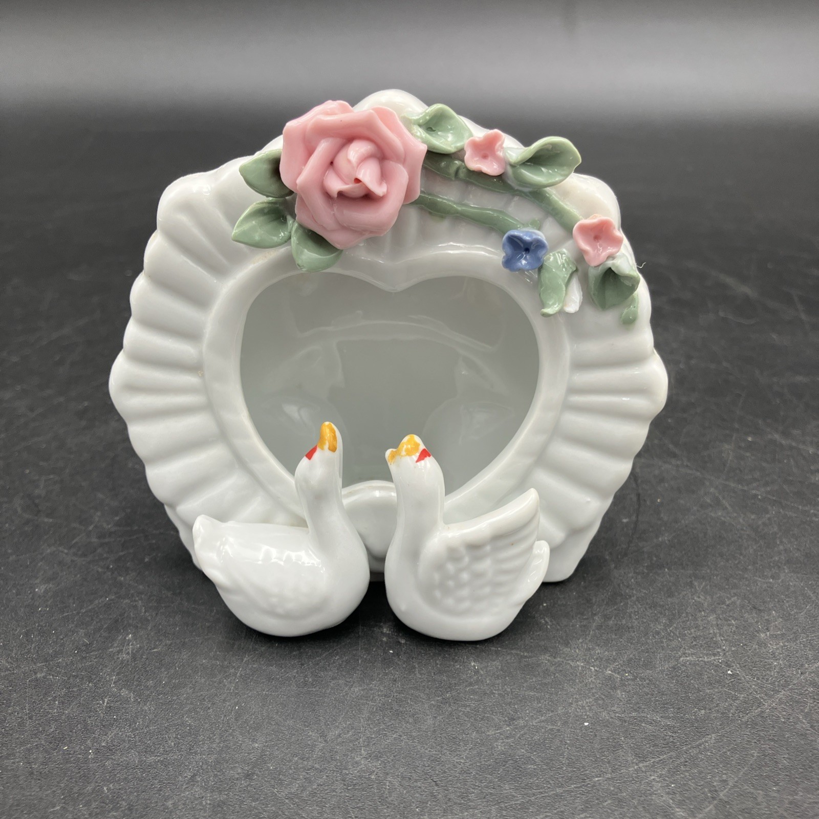 Porcelain Picture Frame Twin Baby Geese Flowers Octagon.  So Sweet