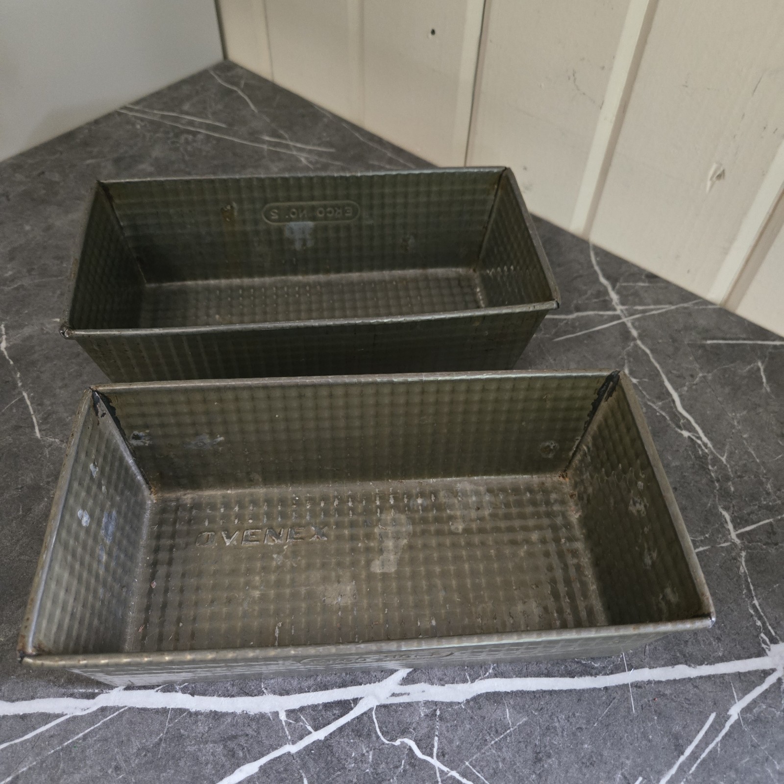 SET OF 2 Vintage Ovenex EKCO Waffle Pattern Metal Bread Loaf Baking Pans #2