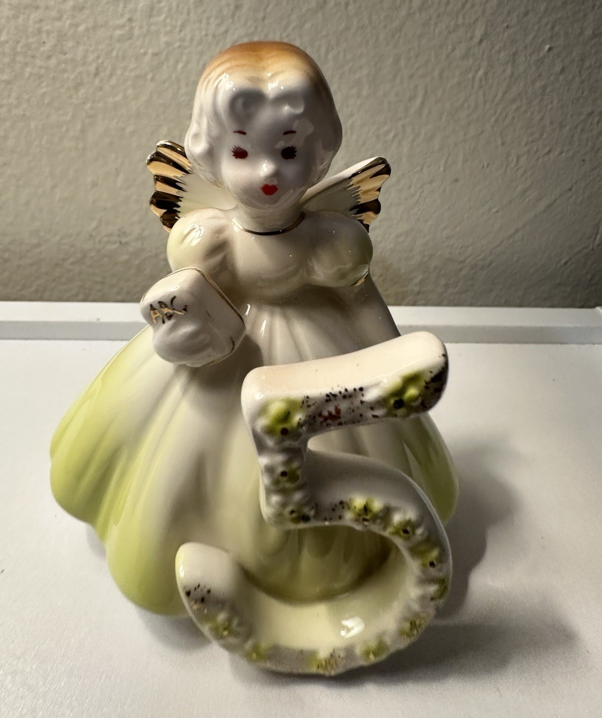 Vintage Josef’s Birthday Ceramic Angel Holding Number 5, Glossy White Green 