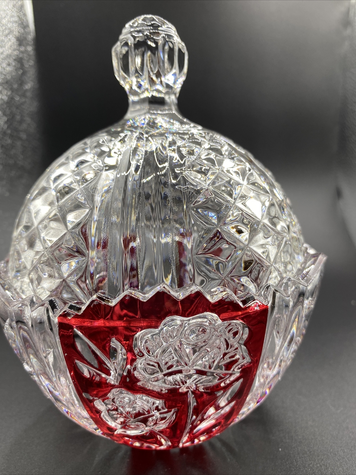 Bleikristall Crystal Clear And Red Covered Candy Dish