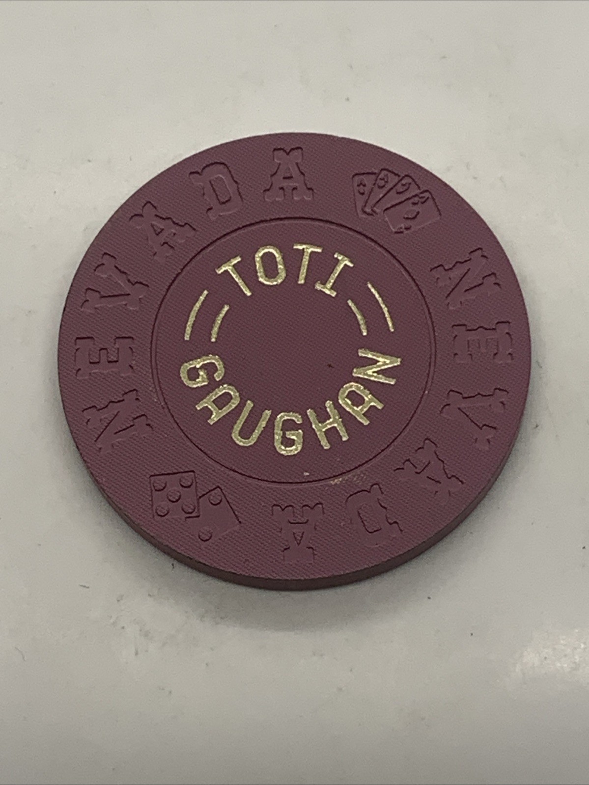 TOTI GAUGHAN Purple Casino Dealers School Chip Las Vegas NV Nevada Mold 1970s