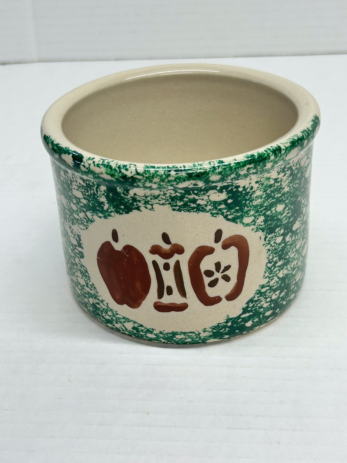Vintage Roseville RRP Pottery Green Spongeware Low 1 Pint Crock