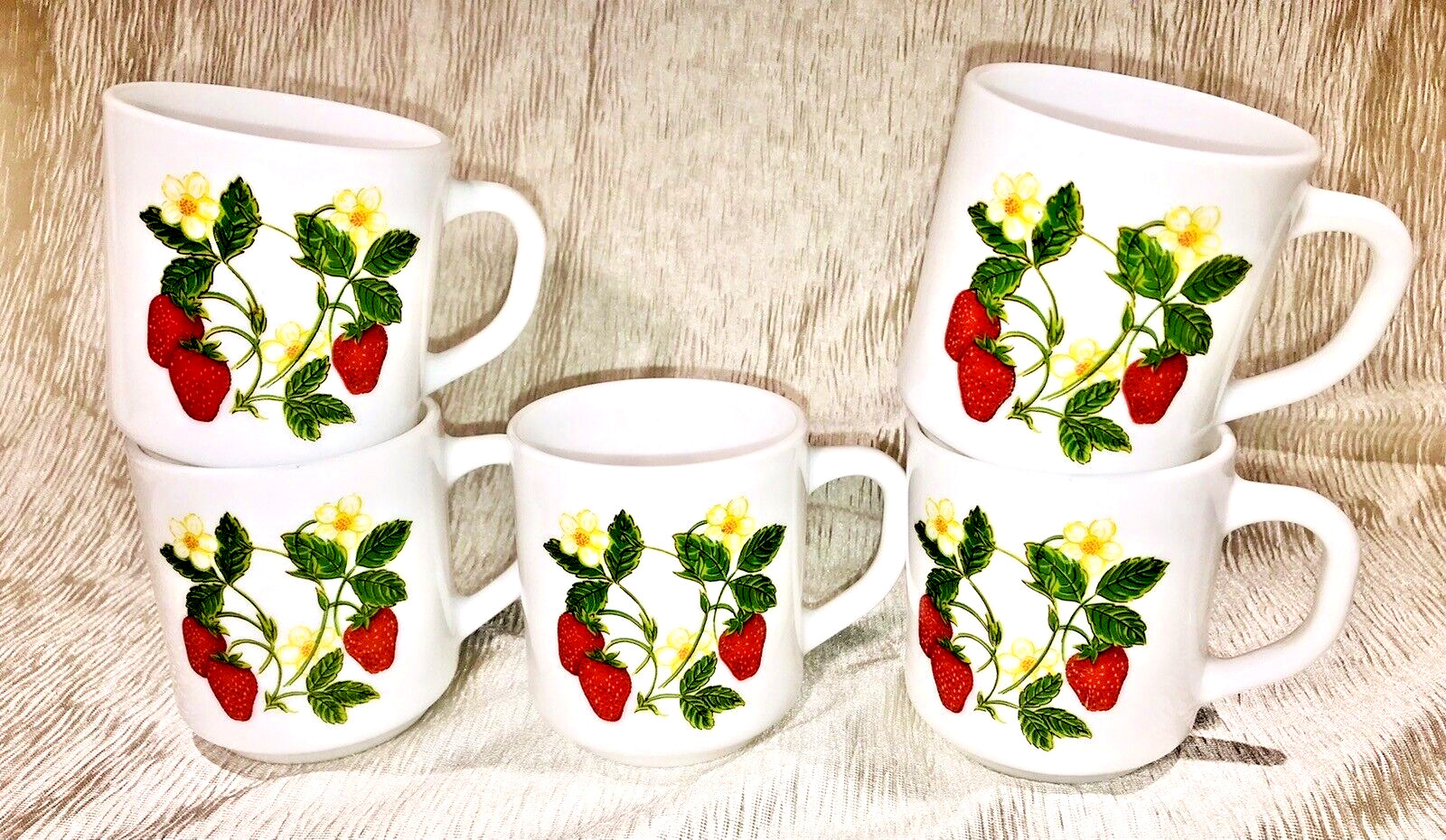 Set of 5 R. Carman Arcopal  France White Milk Glass Coffee Mugs Strawberries 