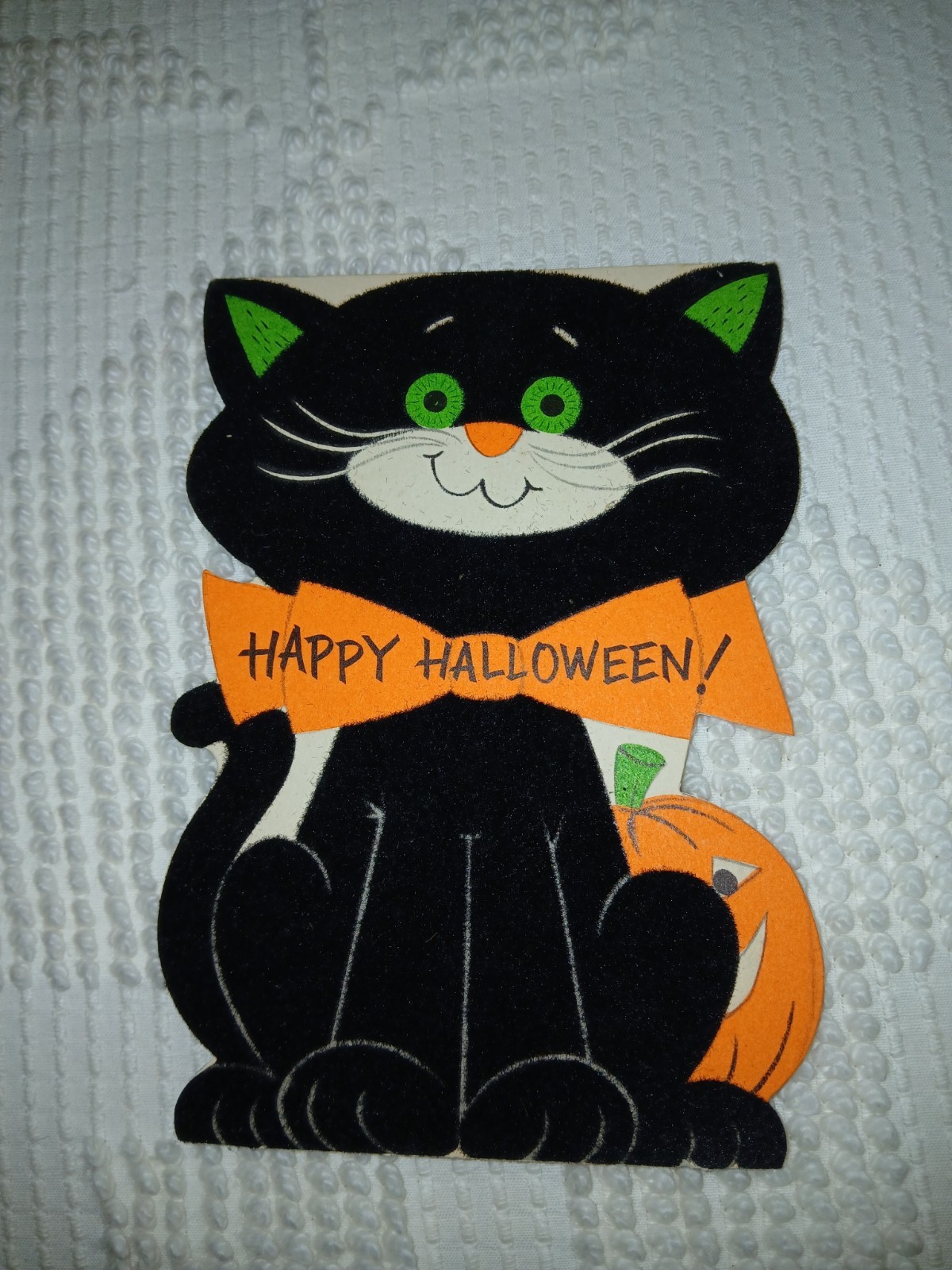 Vintage Halloween Lage Flocked Black Cat Greeting Cards Lot of 2 Die Cut