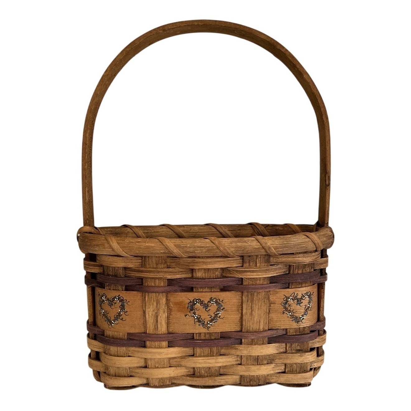Vintage Brown Woven Bamboo Basket Heart Motif High Handle Cottagecore Folk Art