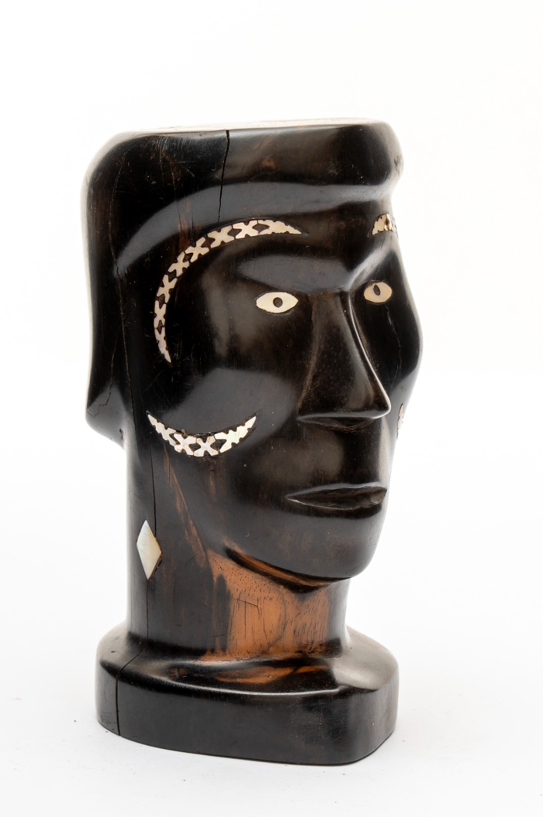 Vintage Solomon Islands Carved Wood Bust w/ Mother Pearl Inlay