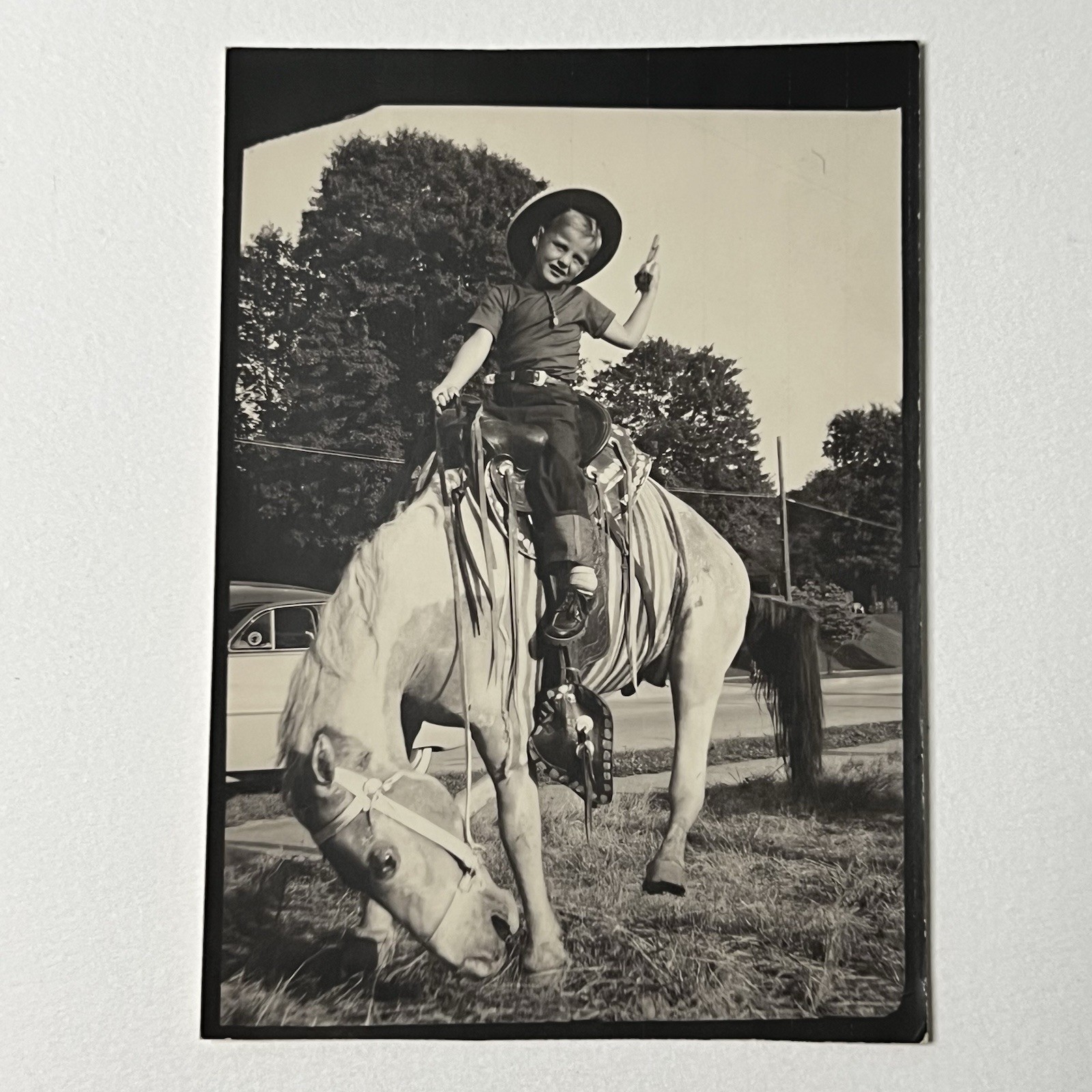 Vintage Photo Booth Arcade Trick Photograph Boy On Horse Cowboy Hat Gun Fair