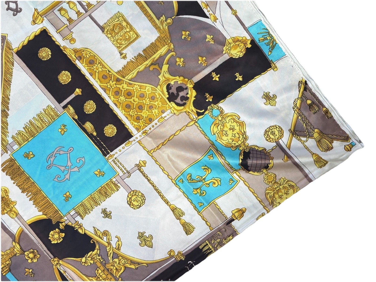 Rare Vintage Designer Print Fabric 1960s Antron Nylon Equestrian Blue Brown Gold