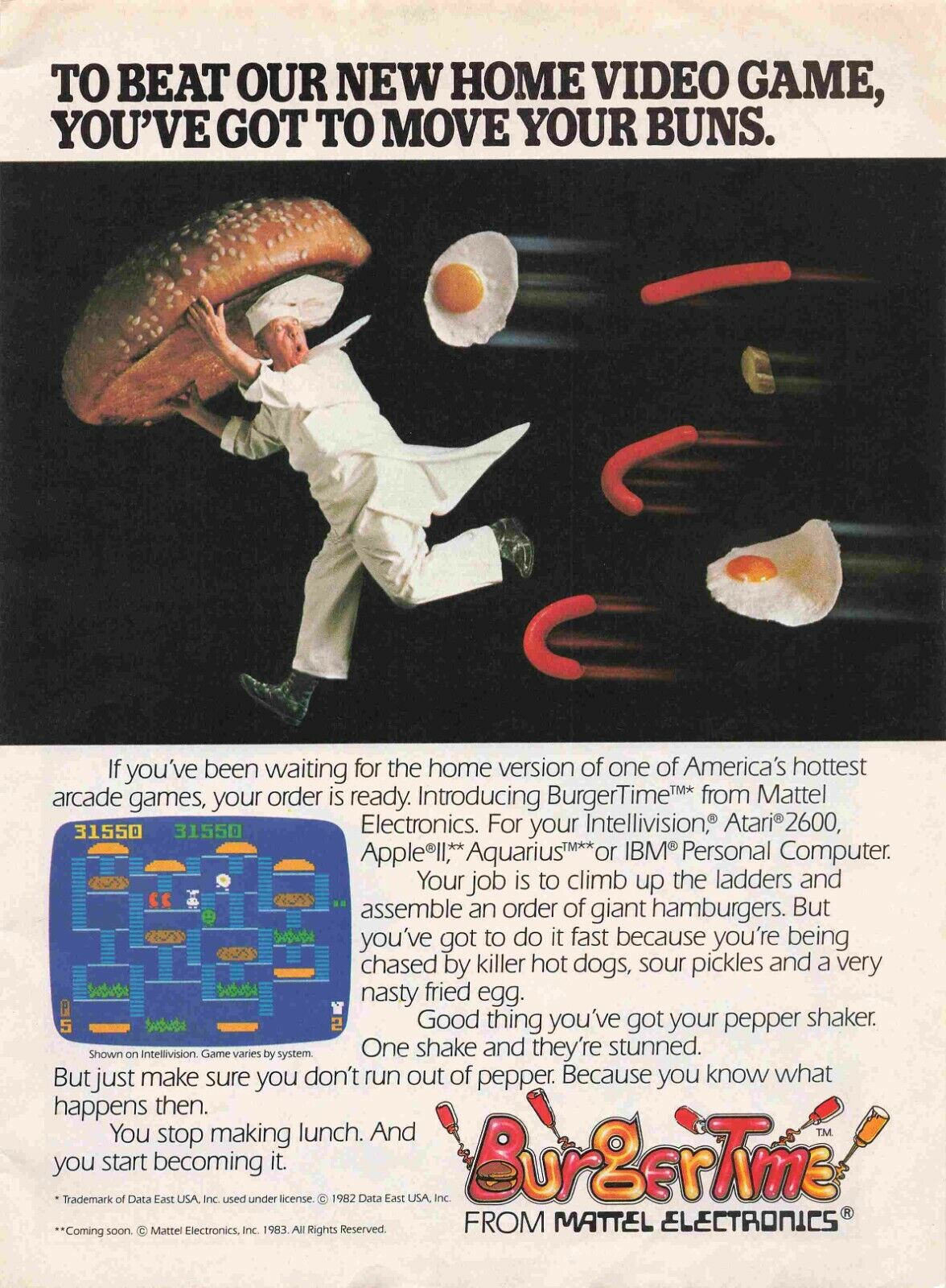 Burger Time 1983 Video Game Atari 2600 Apple Ii Ibm 80S Vtg Pin Up Print Ad 8X11