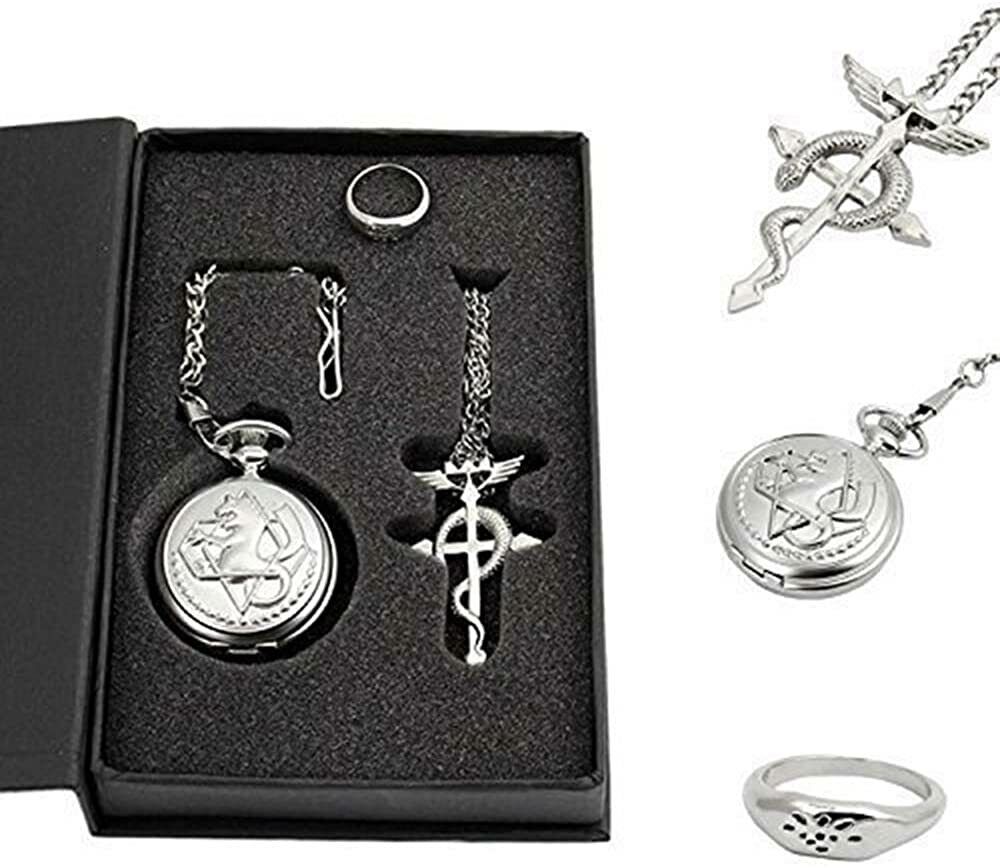 Full Metal Alchemist Pocket Watch Necklace Ring Edward Elric Anime Cosplay Gift