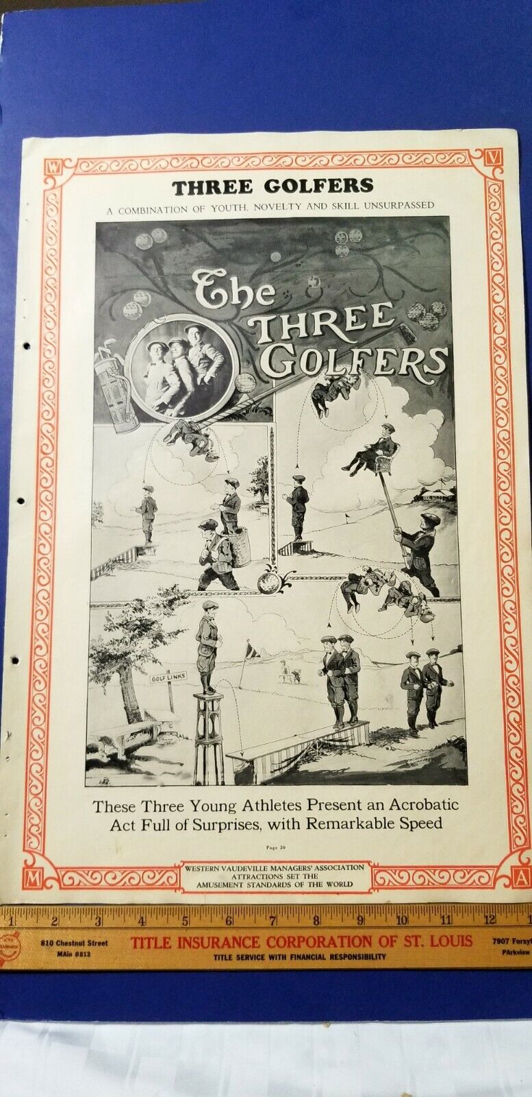 Antique 1926 Vaudeville Act Poster THE THREE GOLFERS Golf Acrobat VALENTINO B6