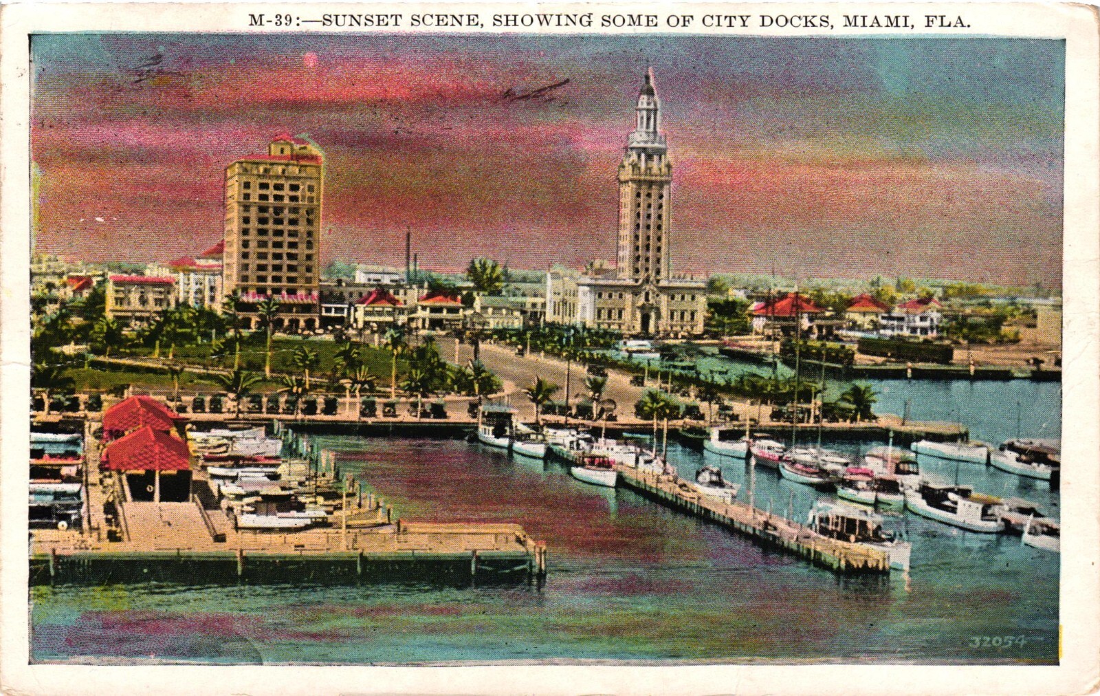 1931 Sunset Scene Showing Some Of City Docks Miami Florida FL Vintage Postcard