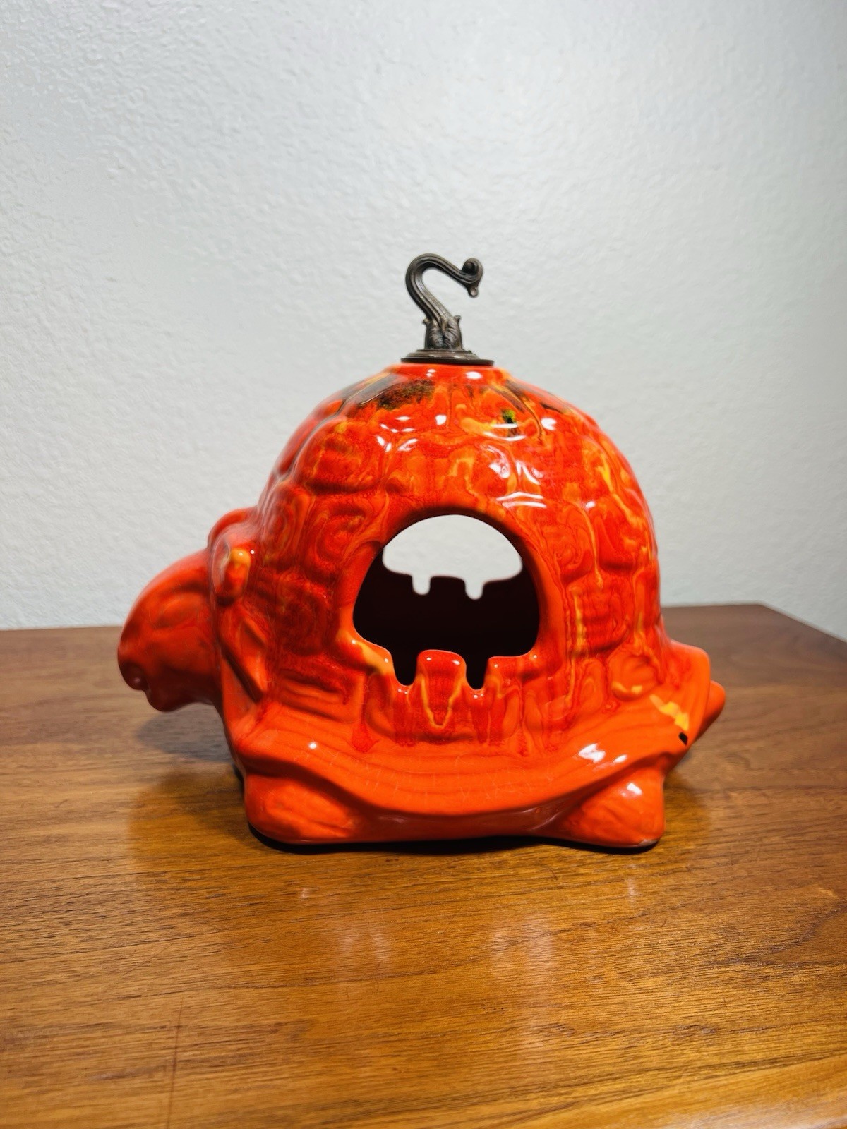 Vintage 1970s Red Ceramic Turtle Hanging Ashtray Drip Glaze MCM Wall Decor