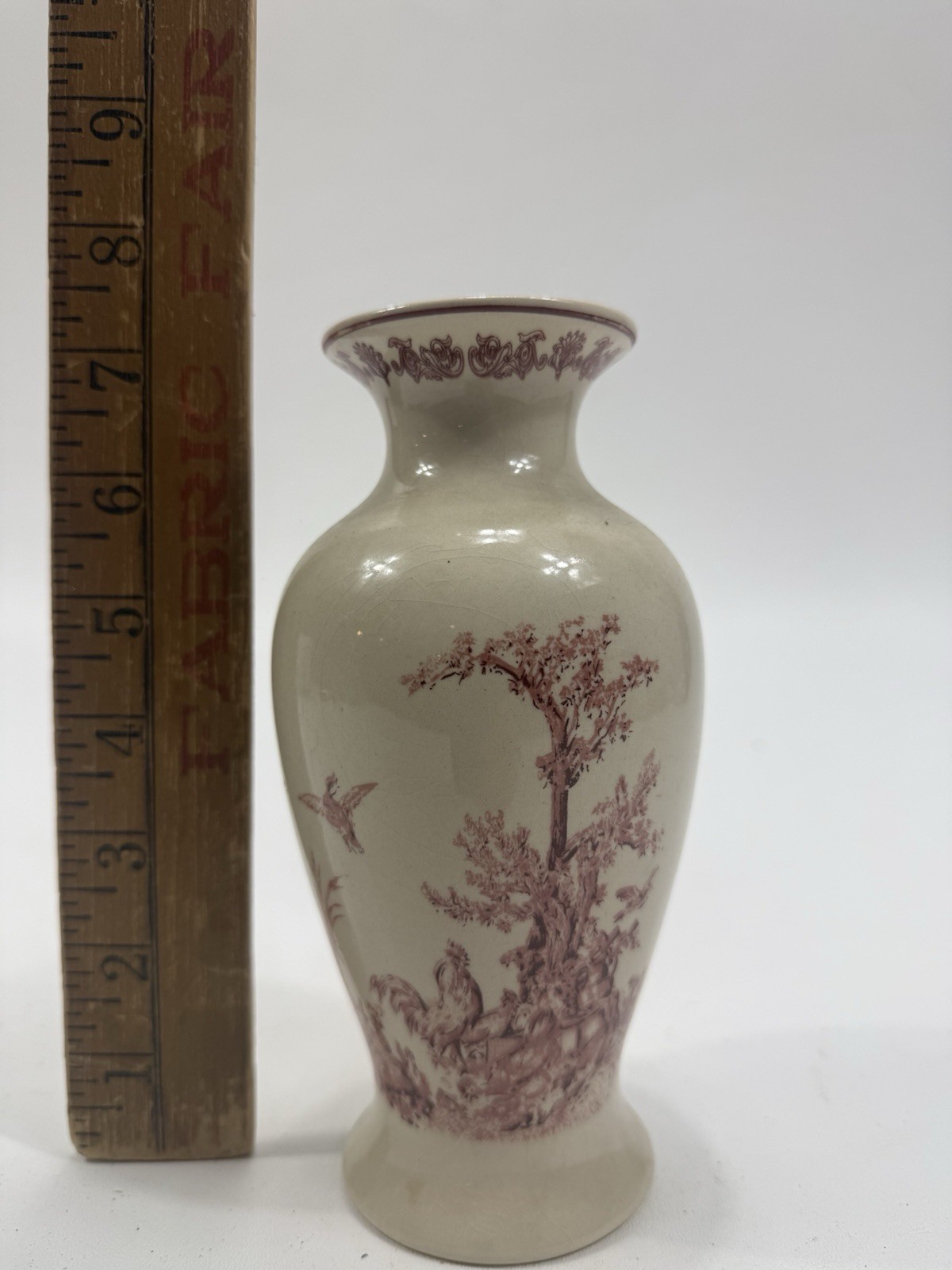 Vintage Hand Painted Vase Featuring A Toile De Jouy Design Pink and White 