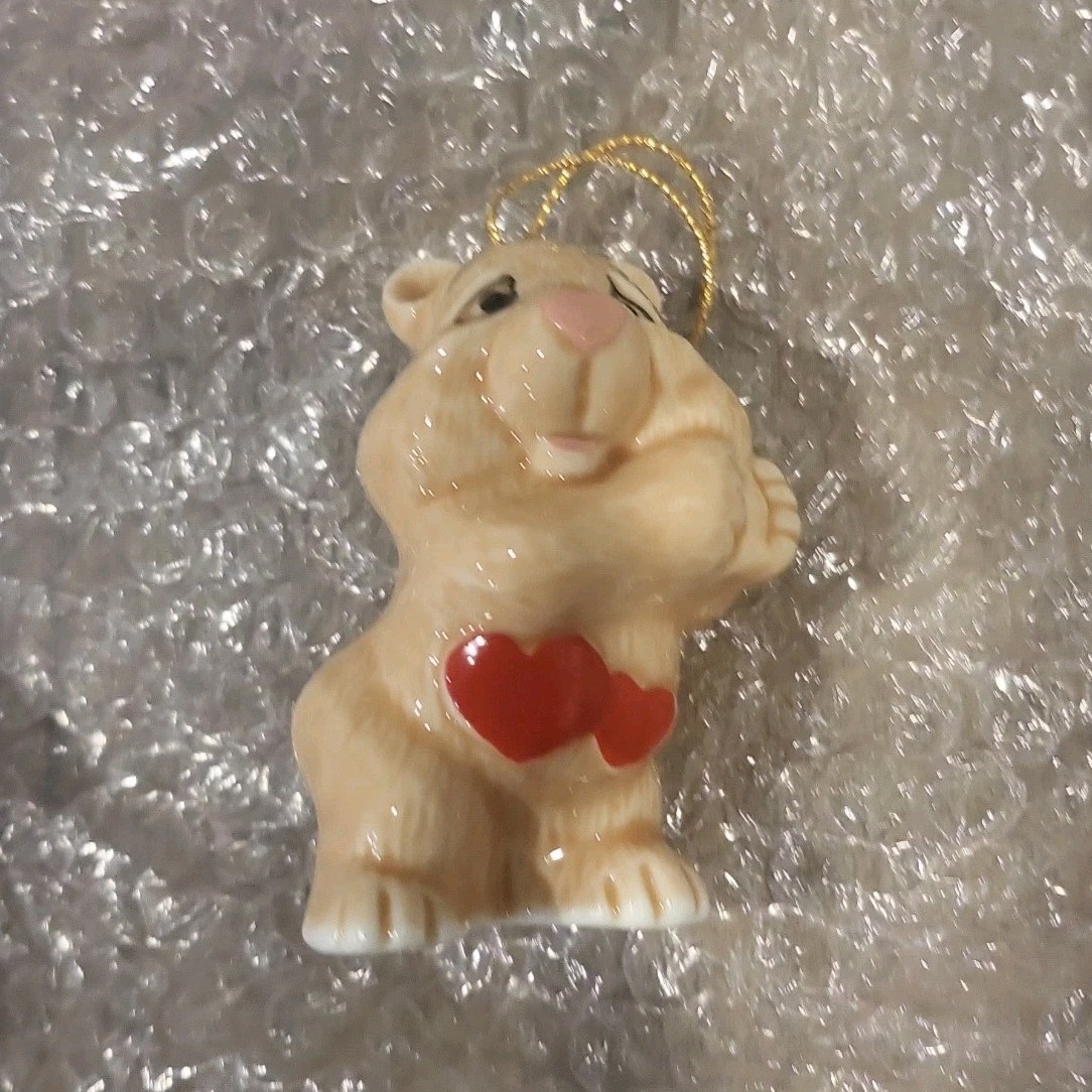 Enesco Ceramic Bear Hanging Ornament w/ Red Heart Bow, Beige/Red 2 in