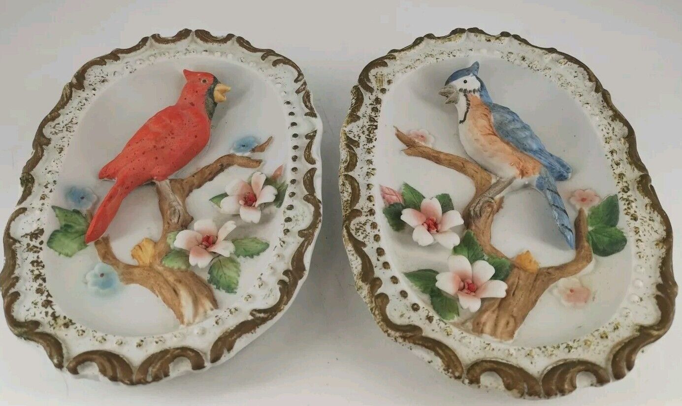 2 Vintage HOMCO 3D Wall Hanging Bird Ceramic Plaques Kitschy 6.5\