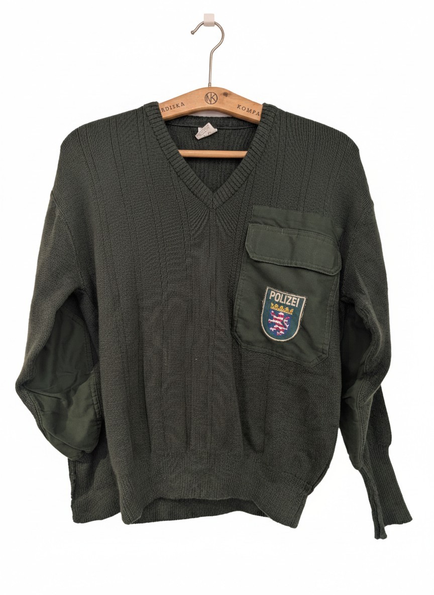 German Police Polizei Wool Sweater Green 1993 Date Size 50 Vintage V neck Pocket