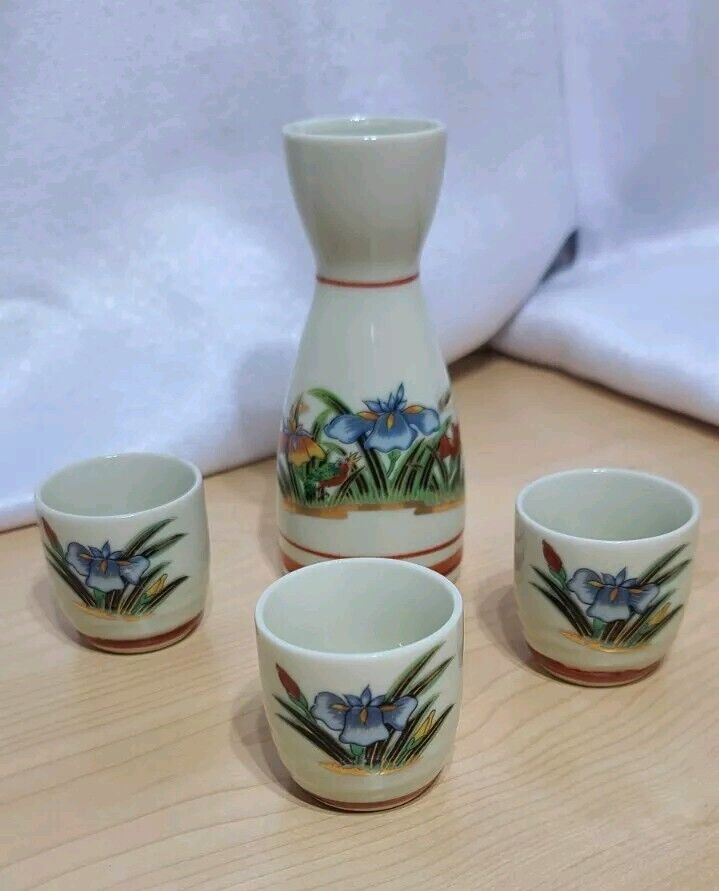 Vintage MCI Japan Sake Set Decanter Bird & Blue Iris Flowers Pattern w/3 Cups 