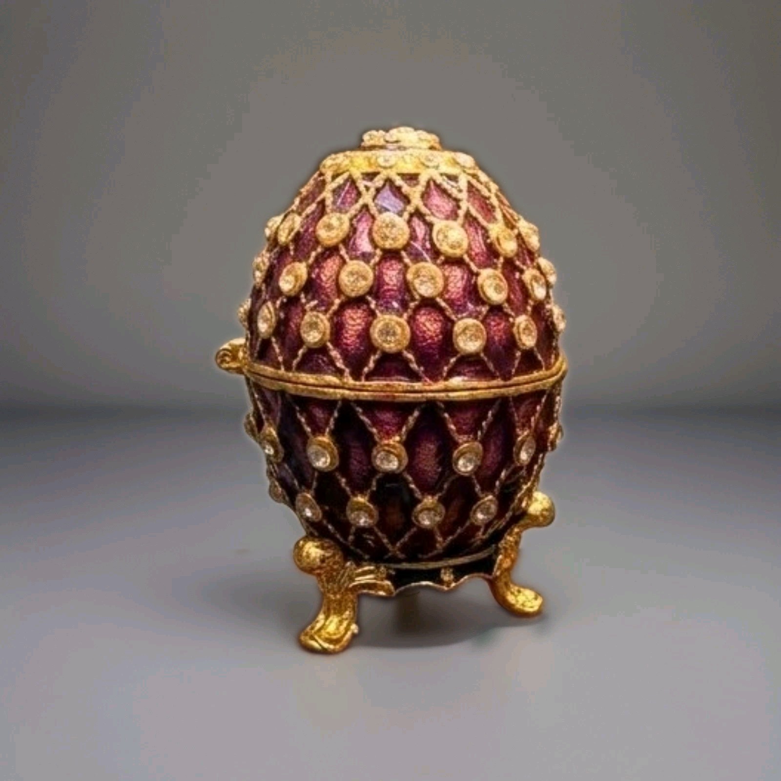 Purple Enameled Ornamental Hinged Egg Trinket Box with Rhinestones & Stand