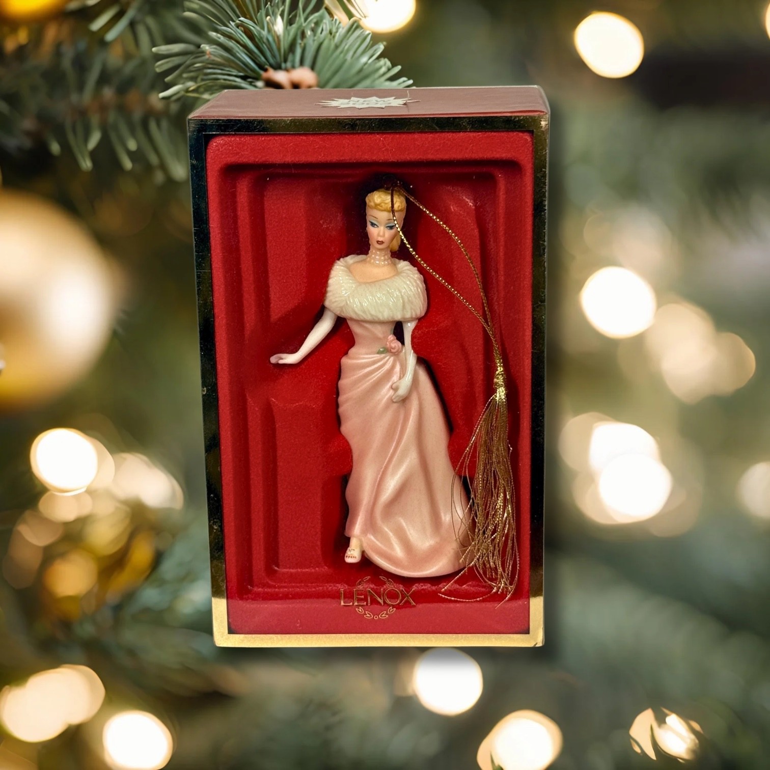 Lenox 2003 Barbie Porcelain Christmas Ornament Pink Gown Fur Stole NIB Mattel