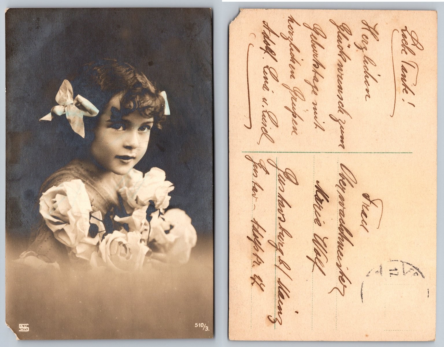 RPPC Little Girl with Roses & Bow Postcard c1910s Mainz Germany Posted