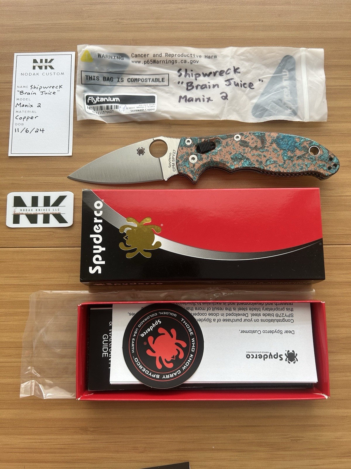 Nodak Custom “Brain Juice” Shipwreck Copper Spyderco Manix 2 - Satin SPY27