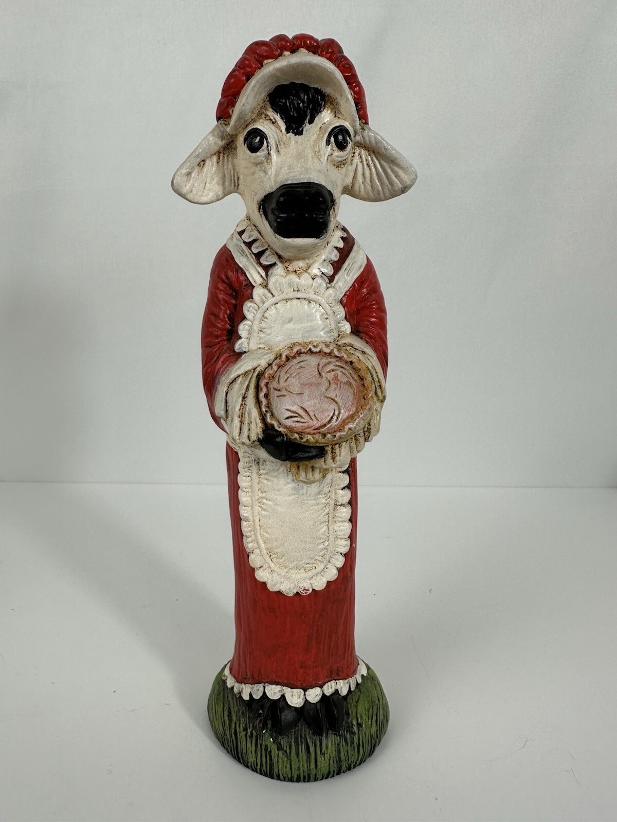Rare Vintage Cow Dressed In A Red Dress And White Apron, Holding A Pie
