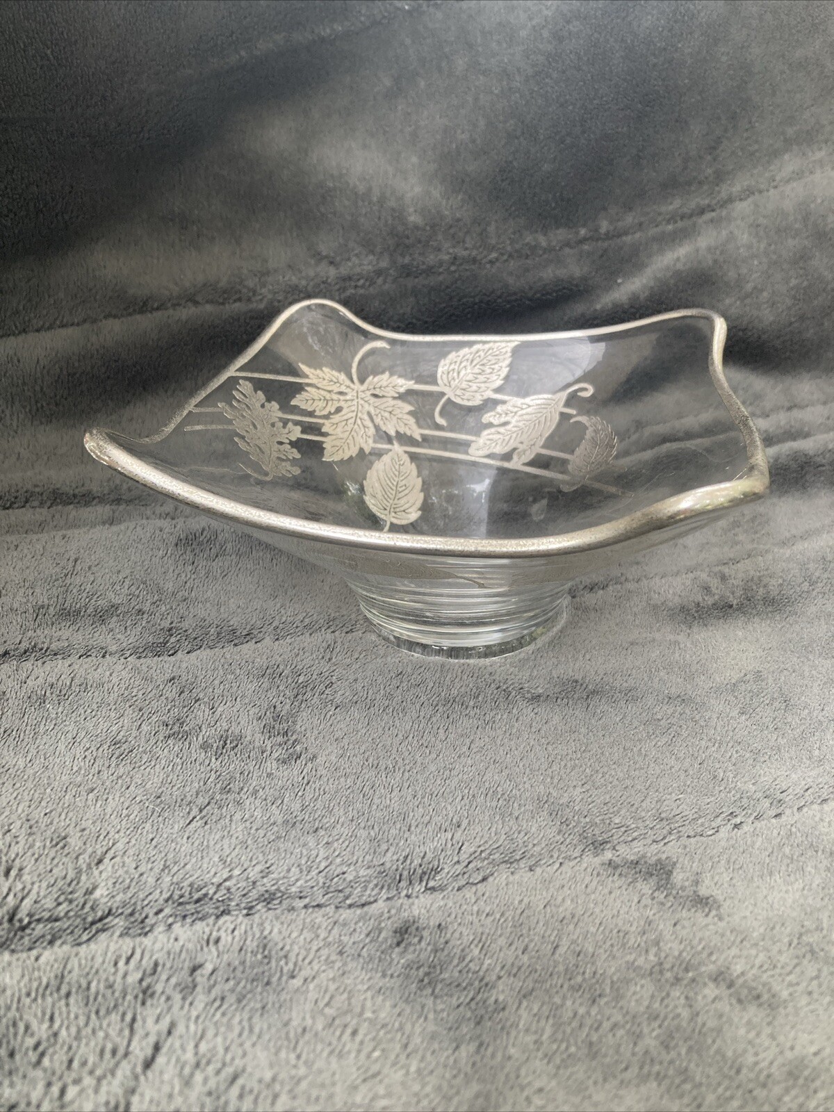 Clear Glass Candy Dish Bowl Silver Deposit Overlay Of Leaves Vintage