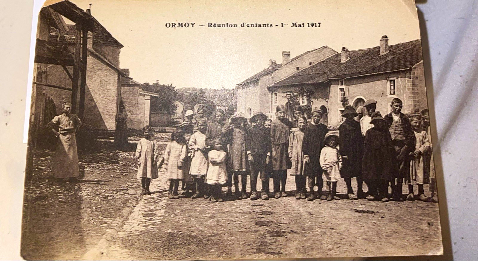 1917 Ormoy, France WW1 MayDay Postcard Réunion d\'enfants Children Vintage RPPC