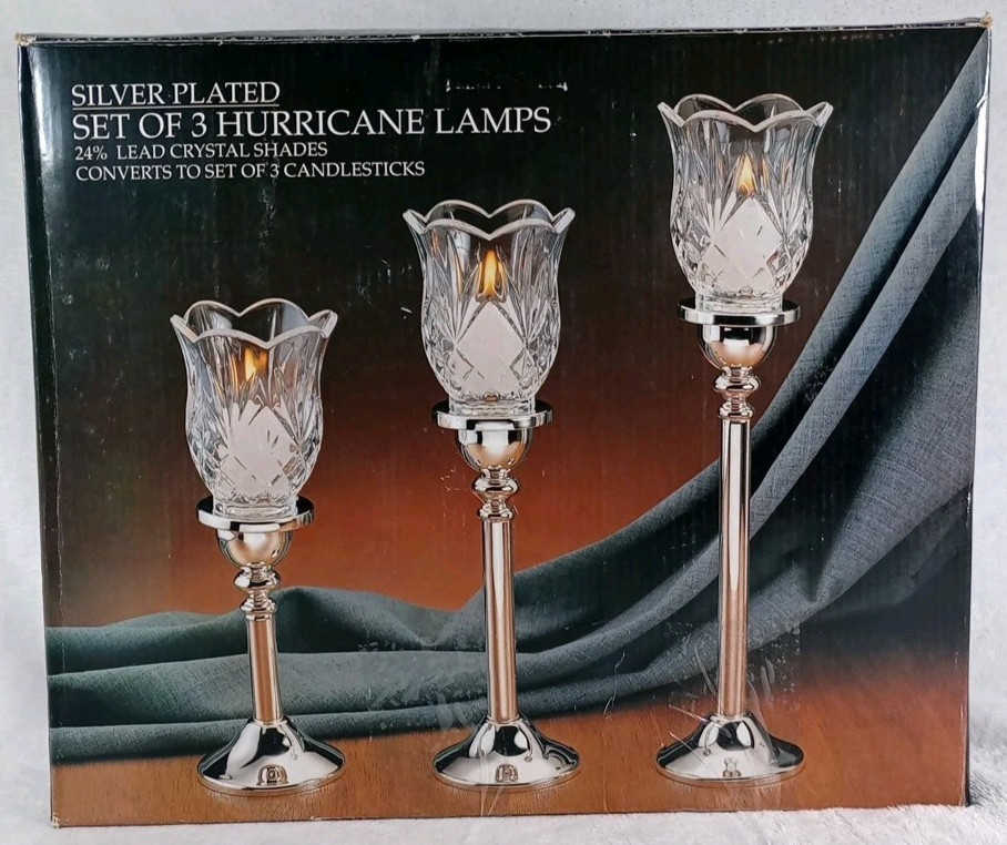 Paul Revere Silversmiths Set of 3 Hurrican Lamps Lead Crystal Shades CONVERTIBLE