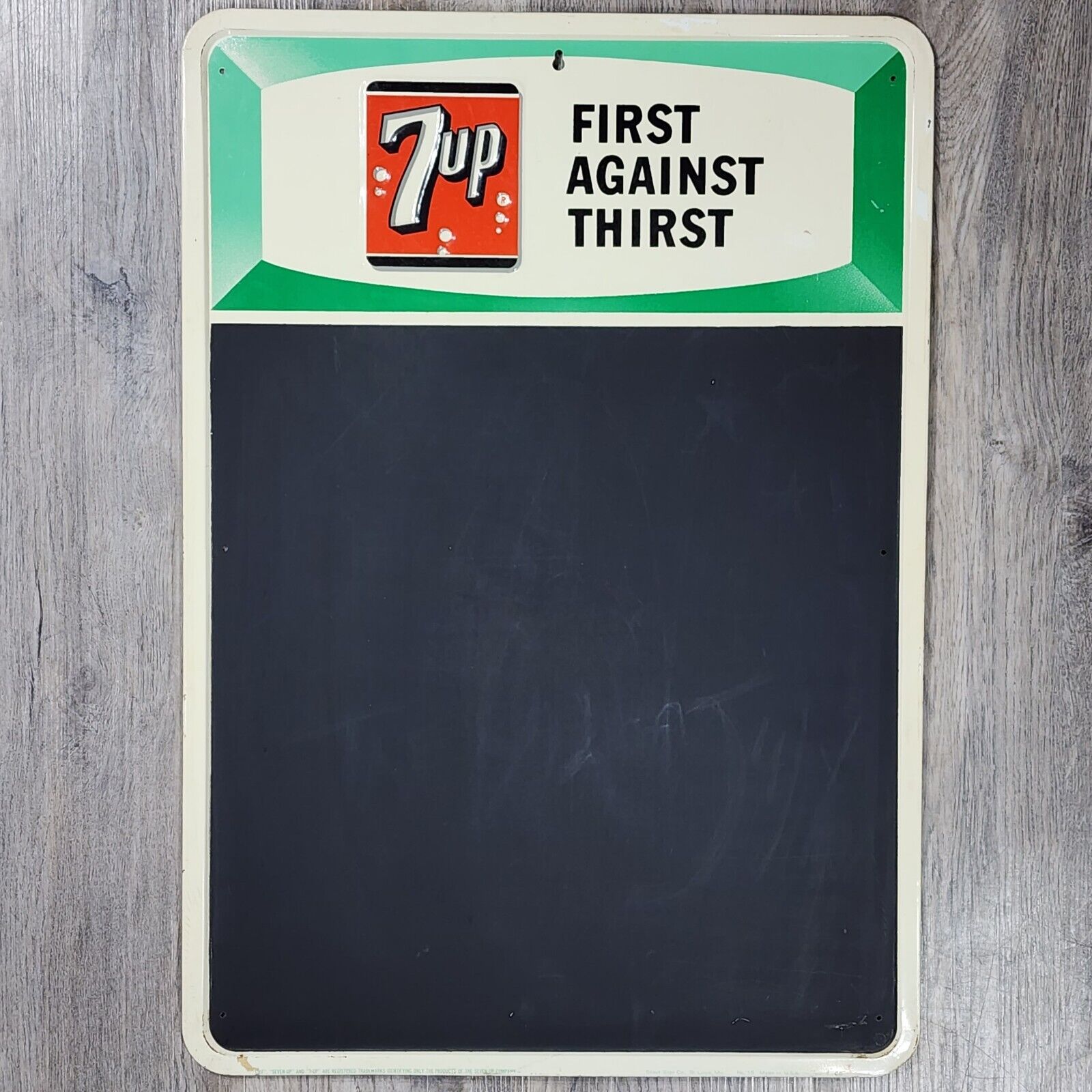 Vintage 7 Up Sign Chalkboard Menu First Against Thirst Soda Pop Embossed 1960's