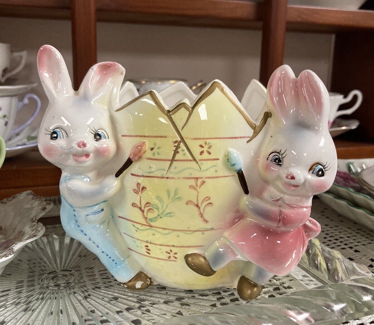 Vtg RARE RB  Japan Easter Bunnies Painting to Egg Planter 1950s