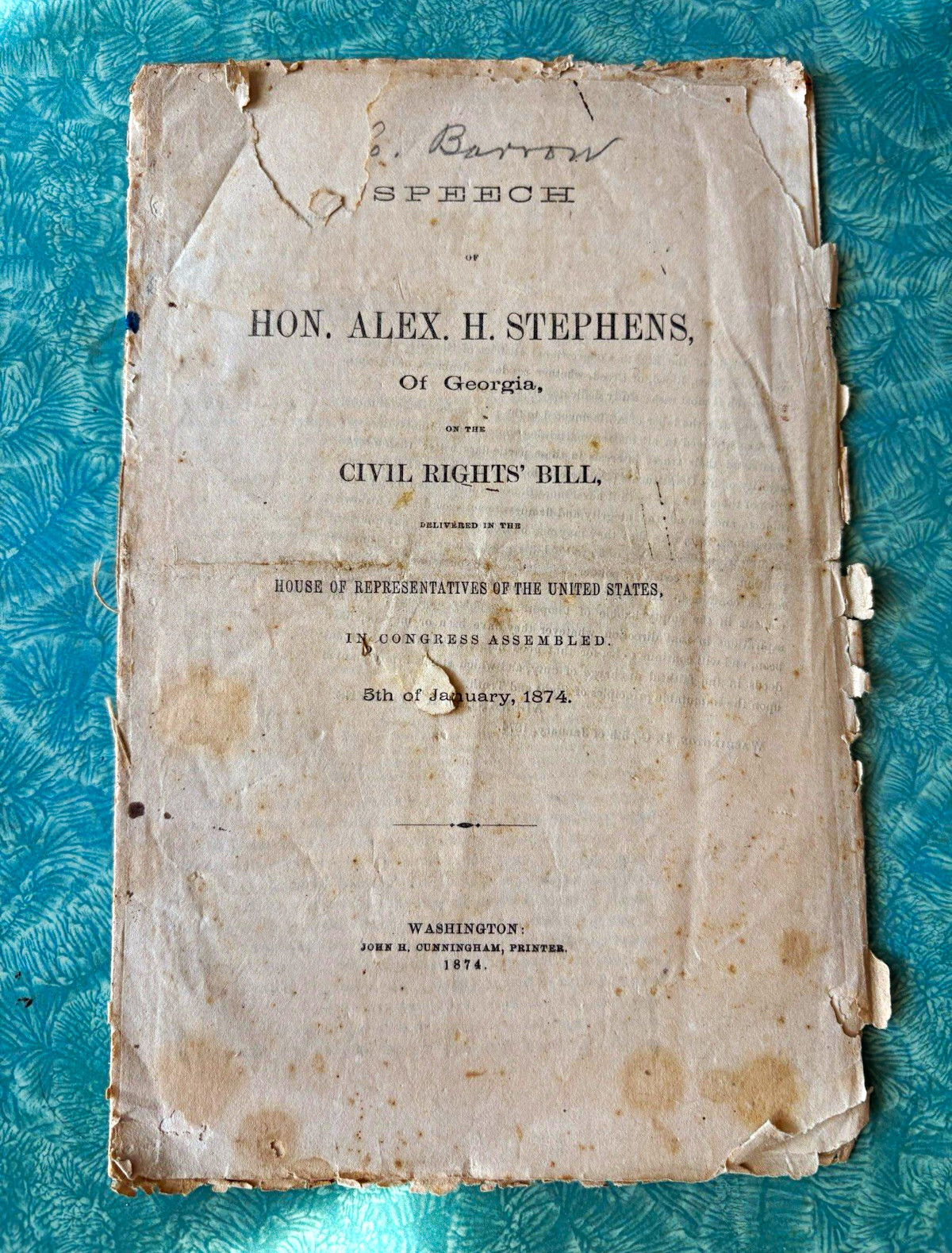 Jan 5 1874 Speech of Hon. Alex H. Stephens Georgia on Civil Rights\' Bill House