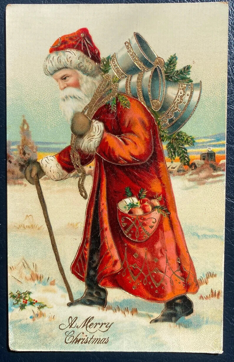 Long Red Robe ~Santa Claus in Snow with Bells~Antique~Christmas Postcard~k450