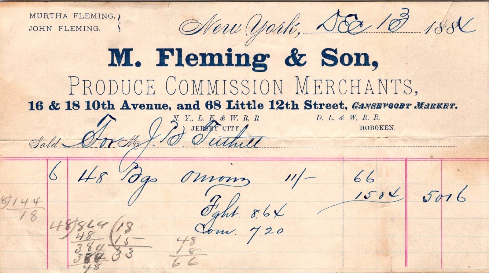 M Fleming & Son 1884 10th Ave Murtha Fleming NY Antique Letterhead Billhead TC15