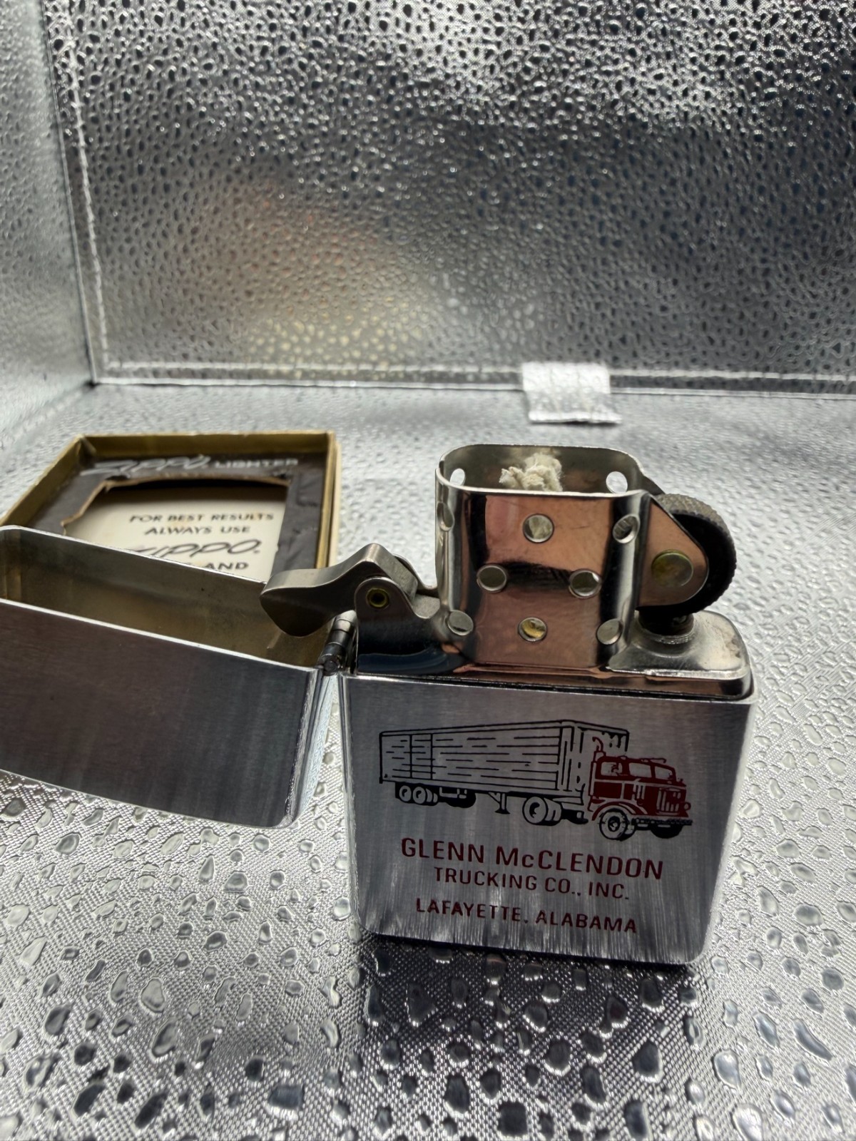 Vintage Zippo Lighter Glenn McClendon Trucking Co Lafayette AL Advertising Box