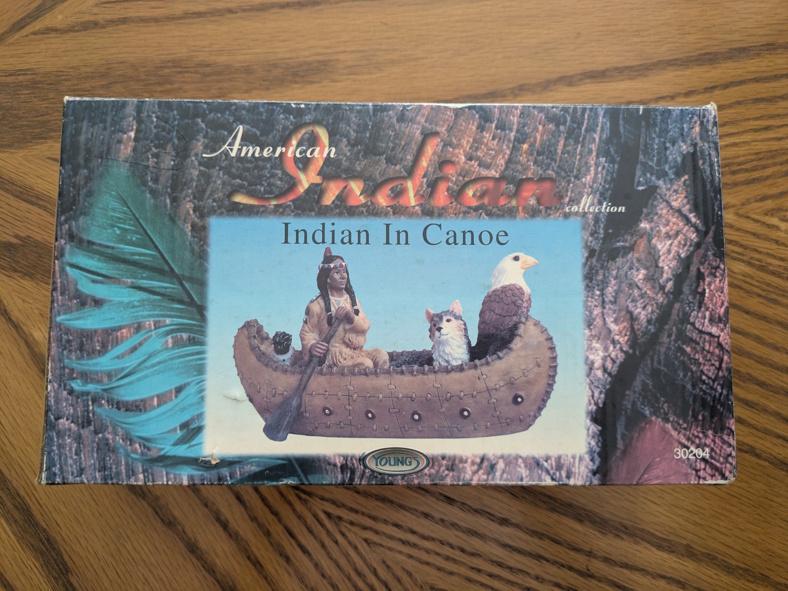Vintage Youngs 30204 American Indian In Canoe Figurine With Dog and Bald Eagle