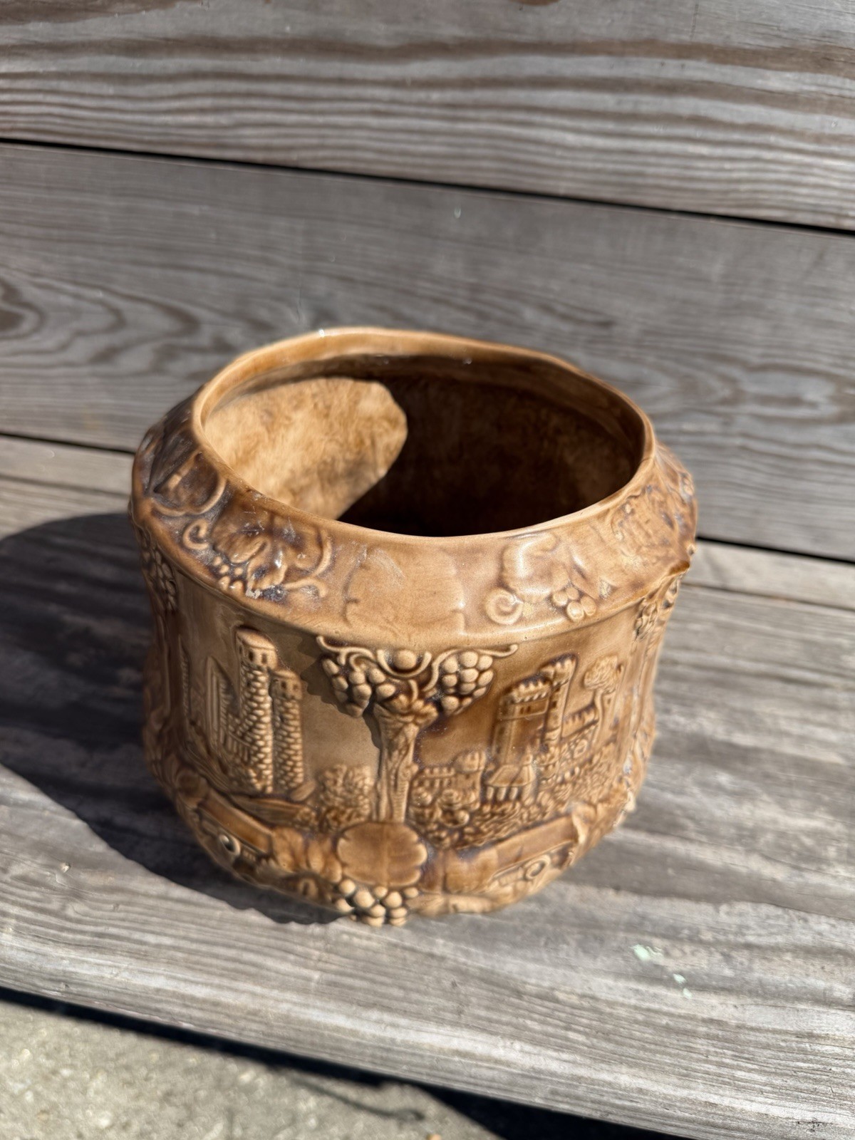 Vintage Brown Jardiniere Planter Grapevine Grape Relief Art Pottery Rustic Decor