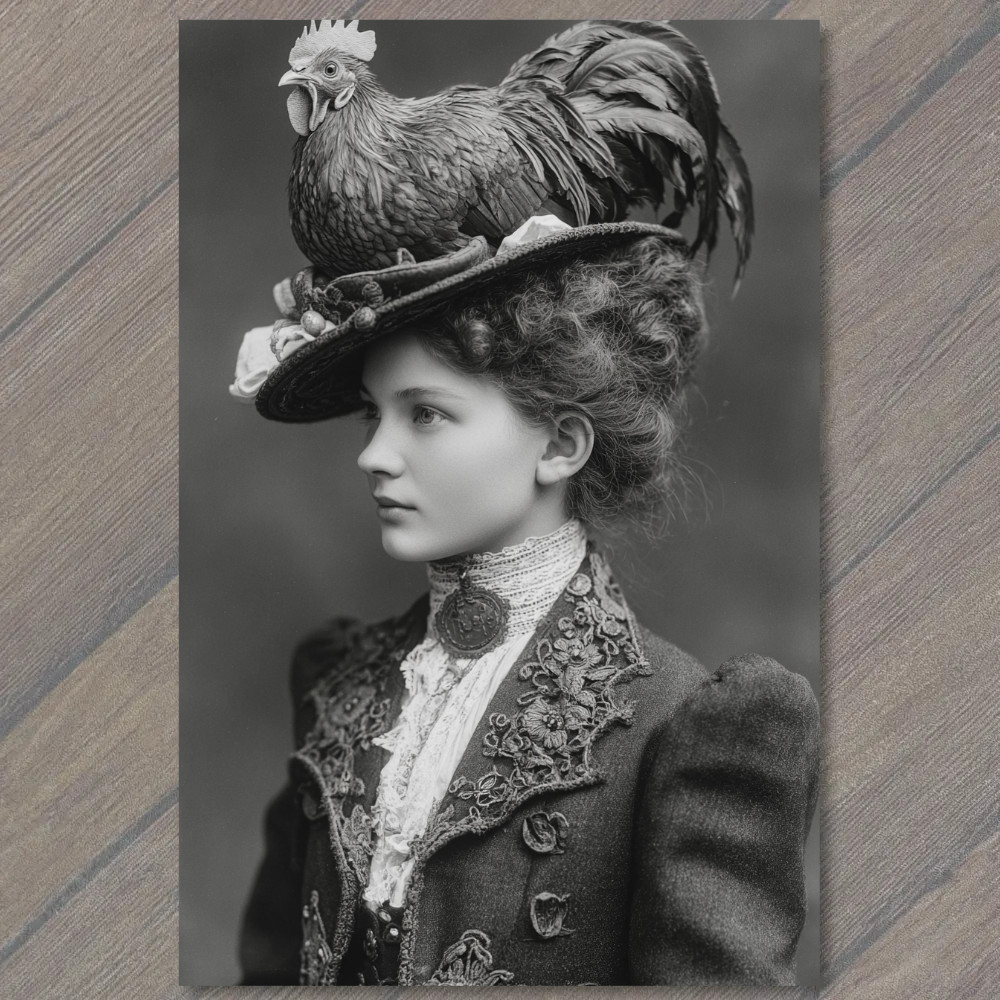 POSTCARD Victorian Woman Rooster Hat Surreal Oddity Fashion