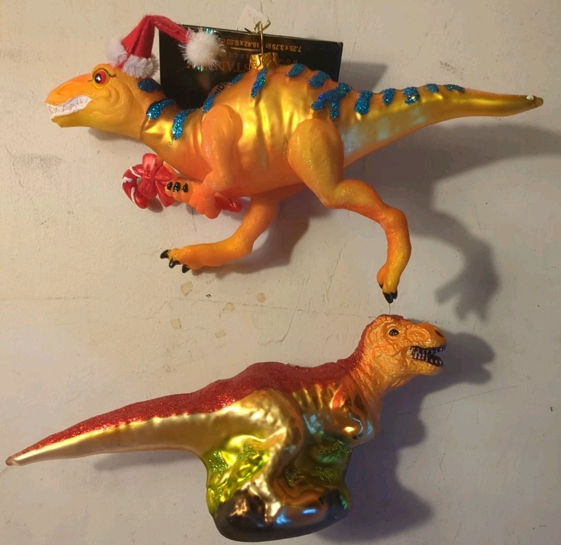 2 ROBERT STANLEY - T REX DINOSAUR  - GLASS ORNAMENTS