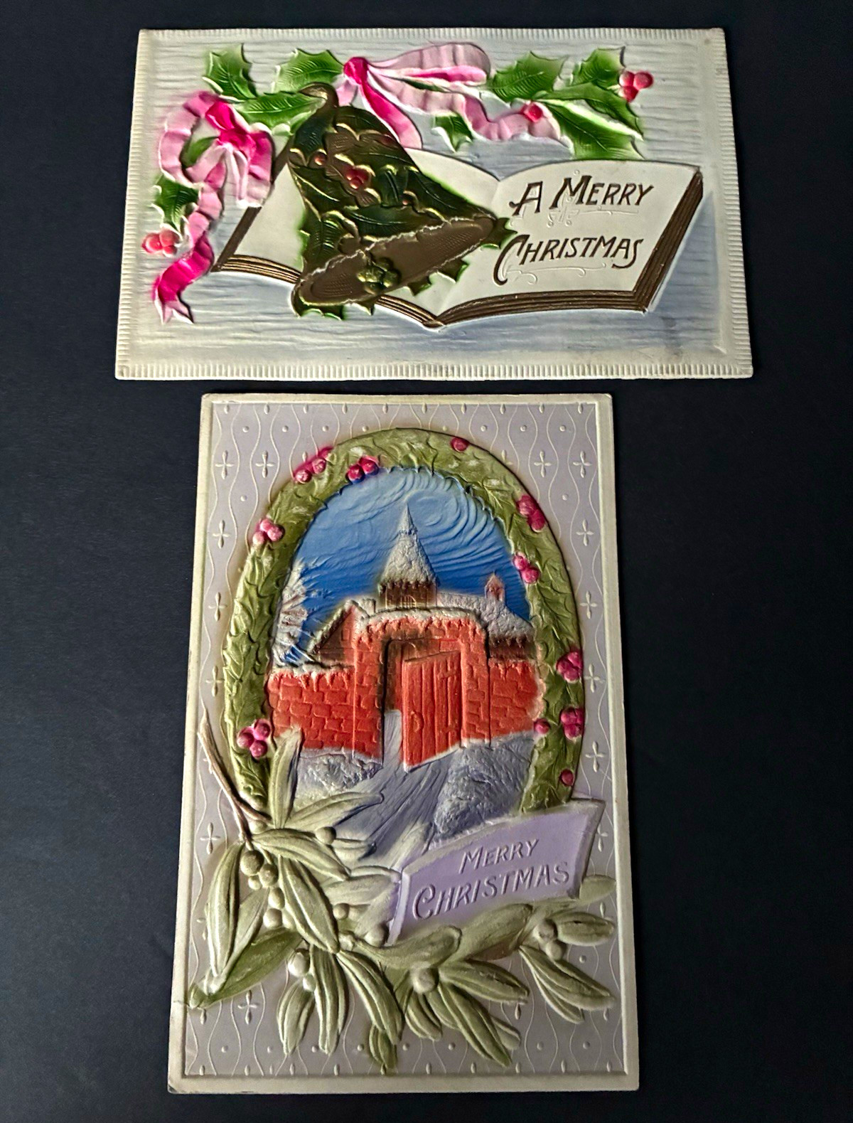 Lot of 2 Antique 1908 Embossed Christmas Postcards Chicago IL Recipient, Germany