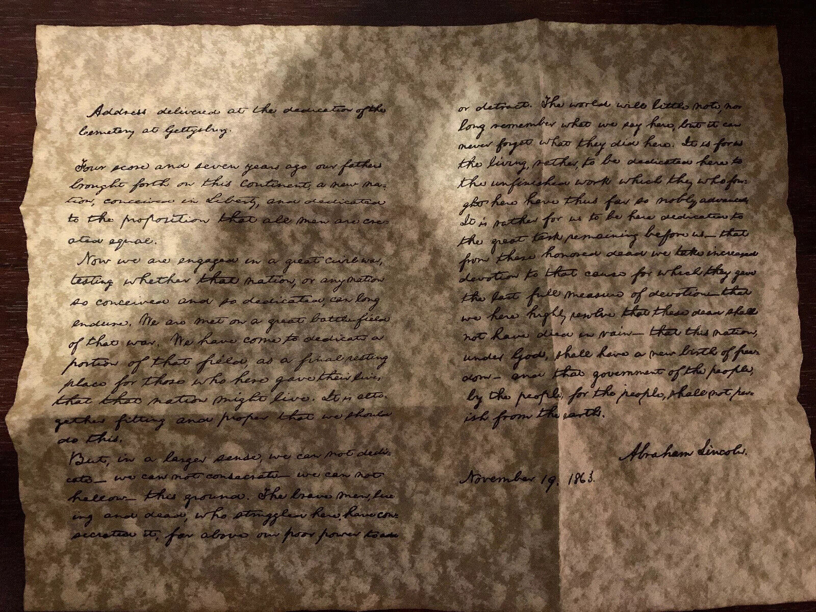 Gettysburg Address Parchment Replica 
