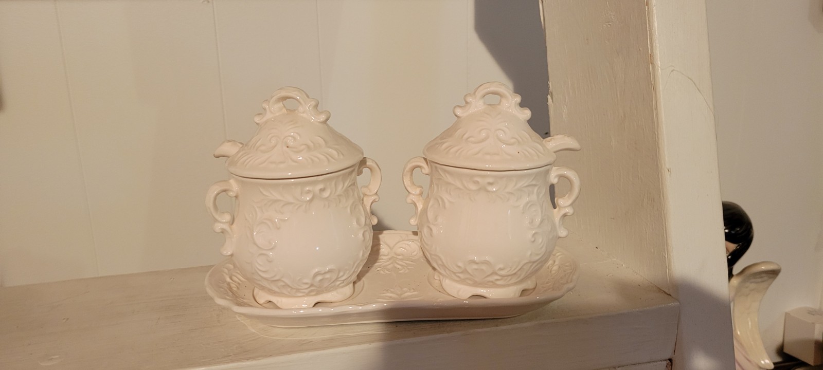 Vintage Napco Ware White Provincial Tea Service Sugar Bowl creamer tray,  spoons