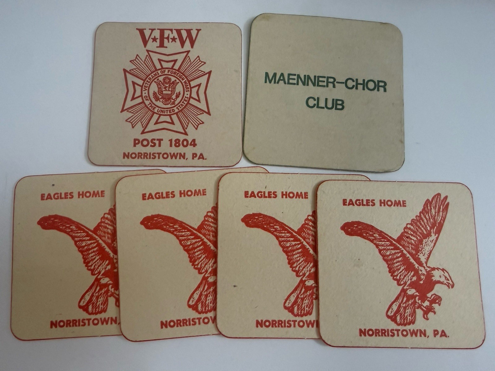 Vintage Norristown PA Coasters VFW 1804 Eagles Home Maenner-Chor Club Lot of 6