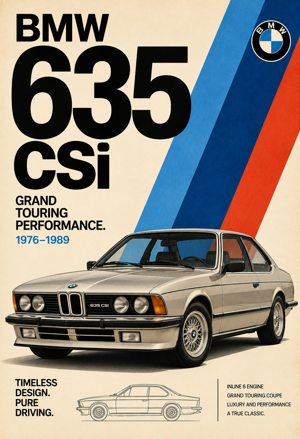BMW 635CSi E24 Vintage Retro Car Poster Classic German Sports Coupe Poster 13x19