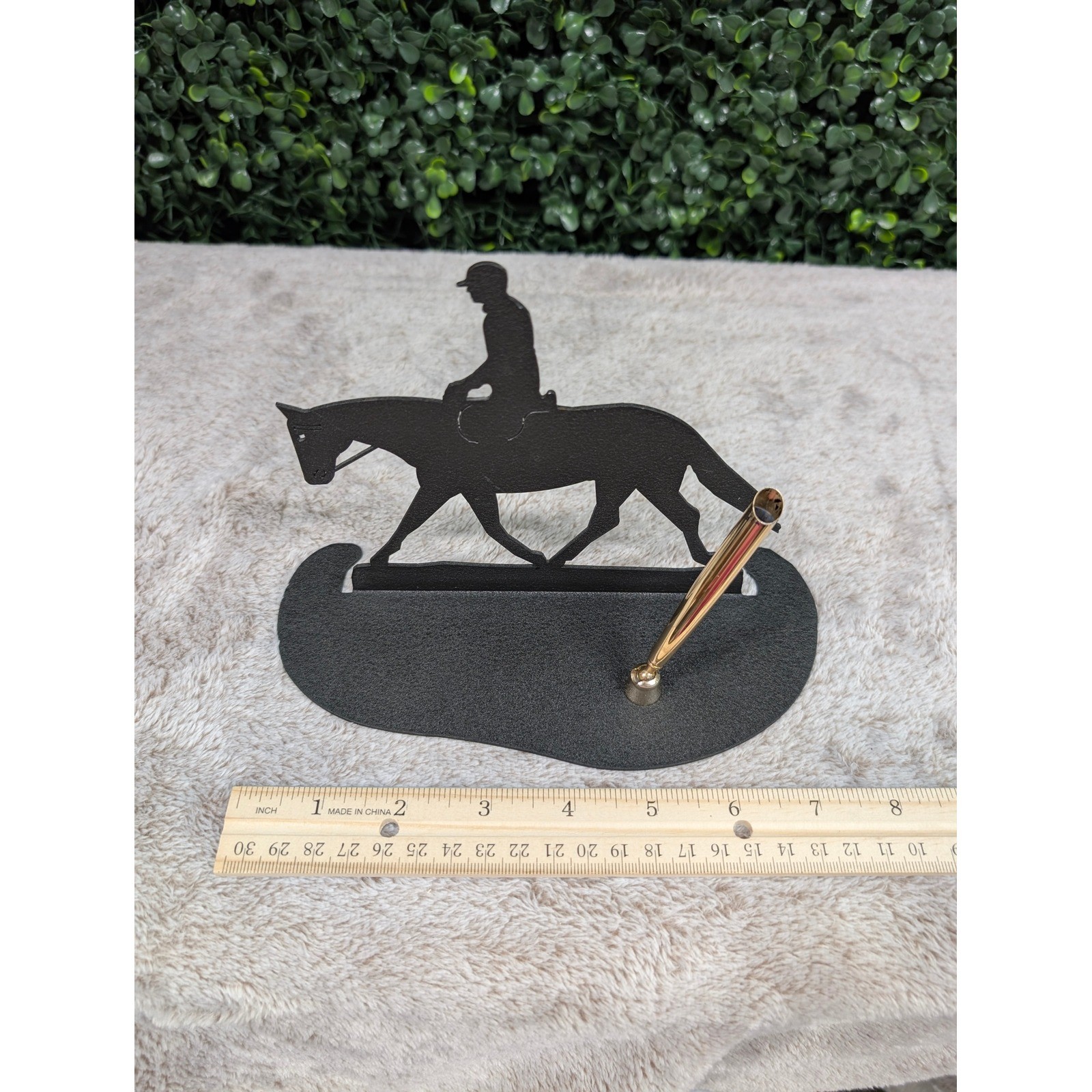 Vtg Metal Equestrian Pen Holder Swivel Base Horse Rider Silhouette Black Gold