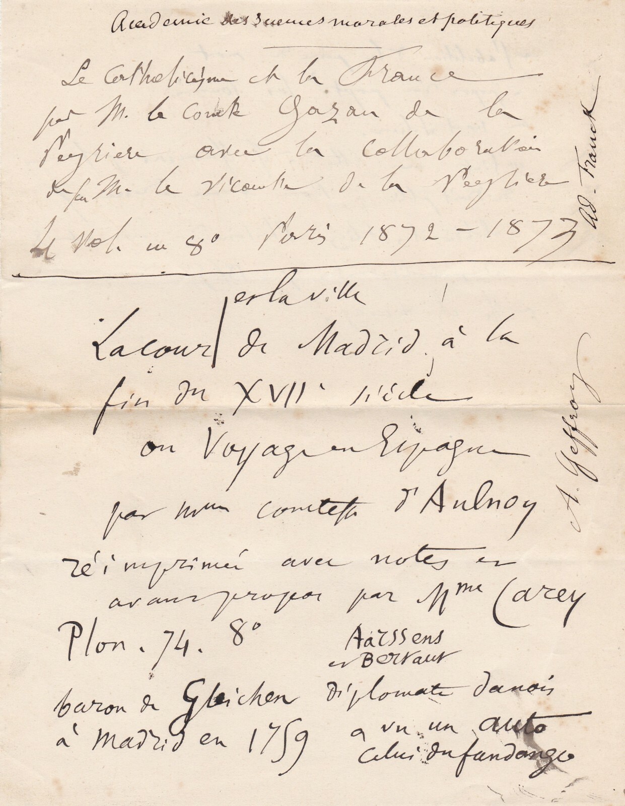 ✒ AUTOGRAPH MANUSCRIPT Adolphe FRANCK Auguste GEFFROY Joseph GARNIER 1874