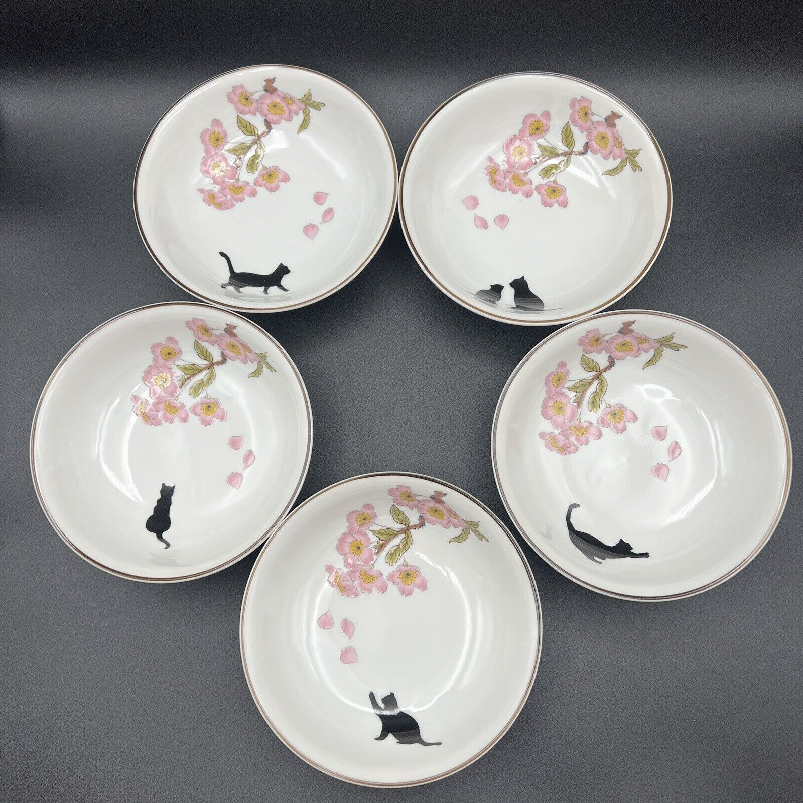 Kutani Yaki Ware Cat Neko Sakura Side Dish Bowls Set 5 Porcelain Made in Japan
