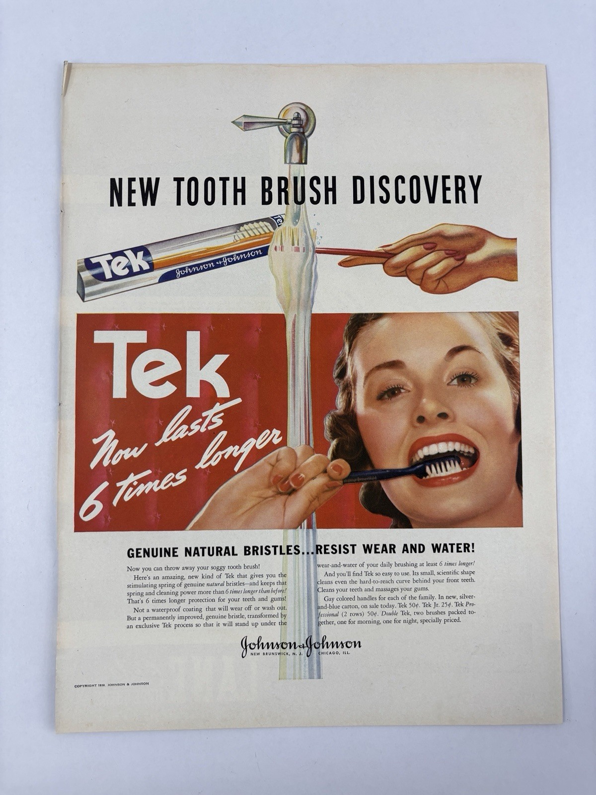 VTG 1939 Johnson & Johnson Tek Toothbrush Magazine Print Ad Retro Bathroom Art